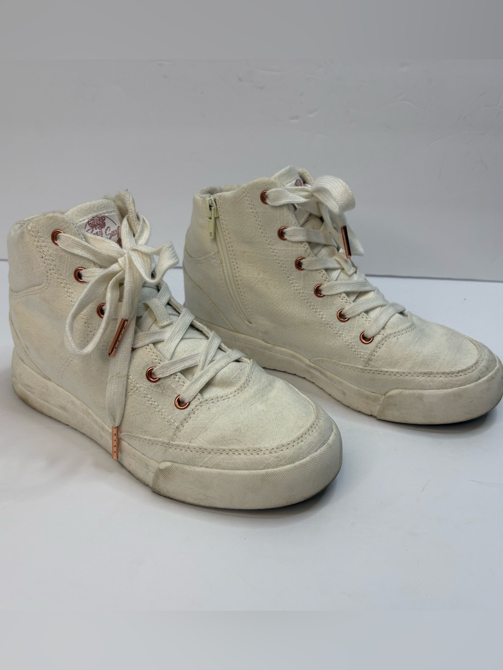 Roxy Camy U High Top Sneakers 7.5 Cream White Rose Gold Zip Canvas ARJS600494
